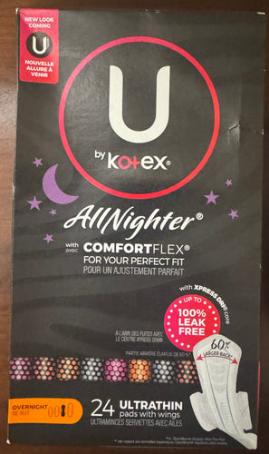 U by Kotex AllNighter Overnight Ultra Thin Pads with Wings 24 ct.